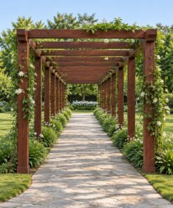 Giàn Hoa Pergola P26 - Hành Lang Cong Phủ Dây Leo Hoa Trắng, Gỗ Thông