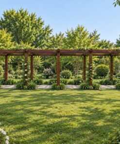 Giàn Hoa Pergola P26 - Hành Lang Cong Phủ Dây Leo Hoa Trắng, Gỗ Thông