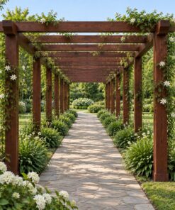 Giàn Hoa Pergola P26 - Hành Lang Cong Phủ Dây Leo Hoa Trắng, Gỗ Thông
