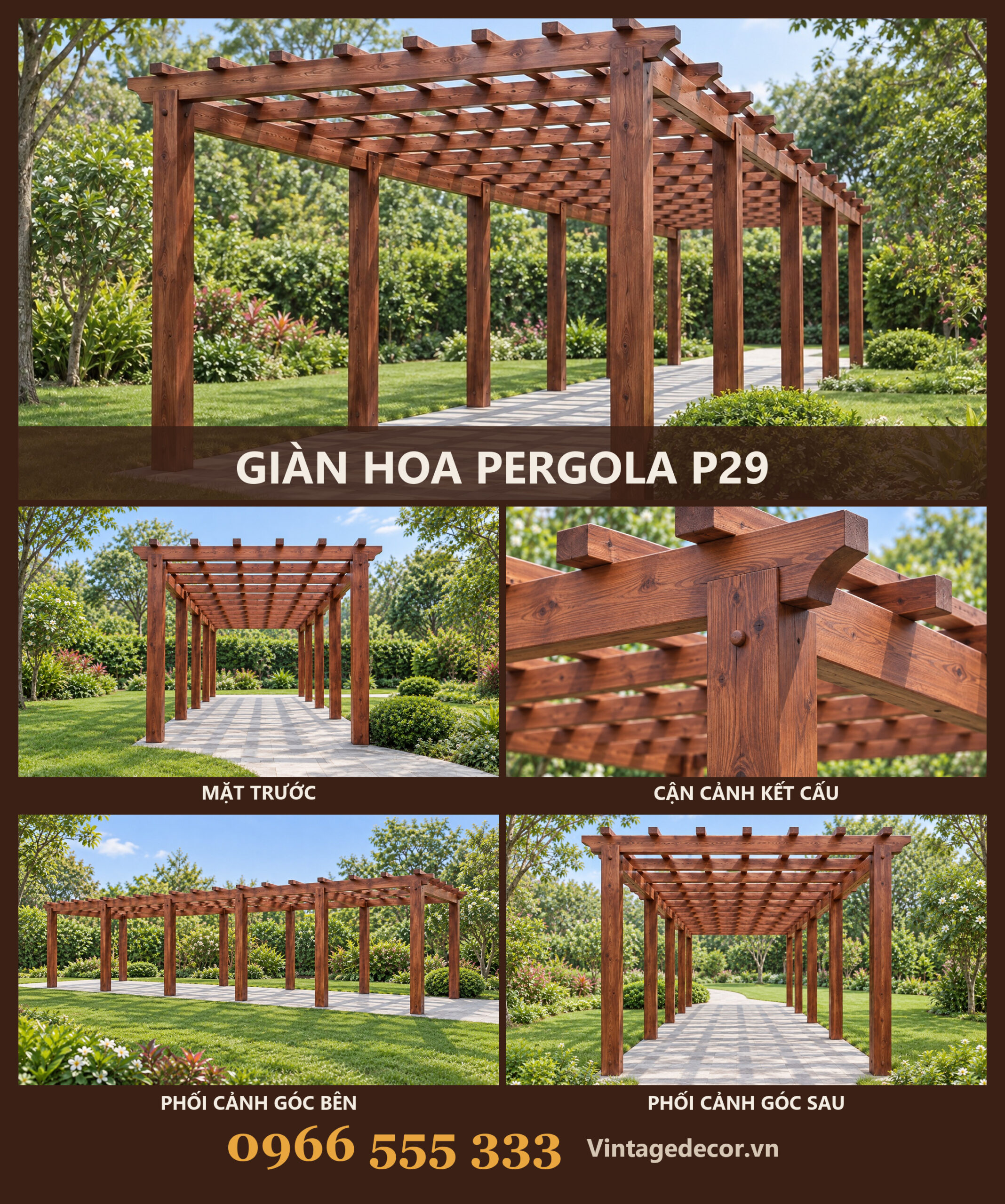 Giàn Hoa Pergola P29 - Hành Lang Thẳng Mái Nan Đan Ô Vuông, Gỗ Thông Giàn Hoa Pergola P29 - Hành Lang Thẳng Mái Nan Đan Ô Vuông, Gỗ Thông