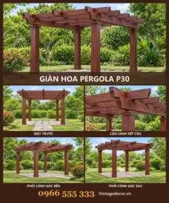 Giàn hoa pergola P30 trụ vuông mái dầm chéo – ảnh ghép mặt trước, kết cấu, góc bên, góc sau