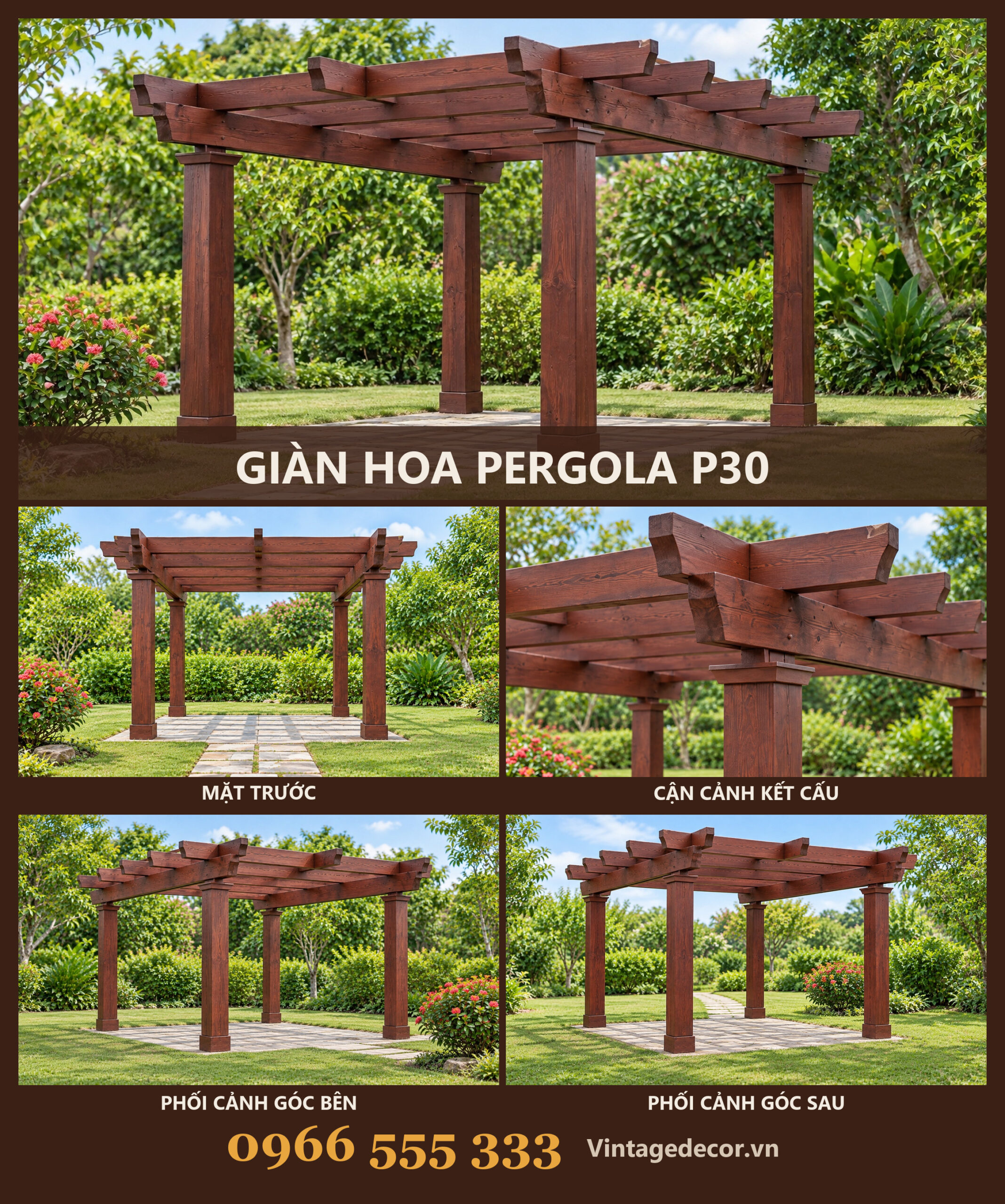 Giàn Hoa Pergola P30 - Cột Trụ Vuông Có Đế Mái Dầm Chéo, Gỗ Thông Giàn Hoa Pergola P30 - Cột Trụ Vuông Có Đế Mái Dầm Chéo, Gỗ Thông