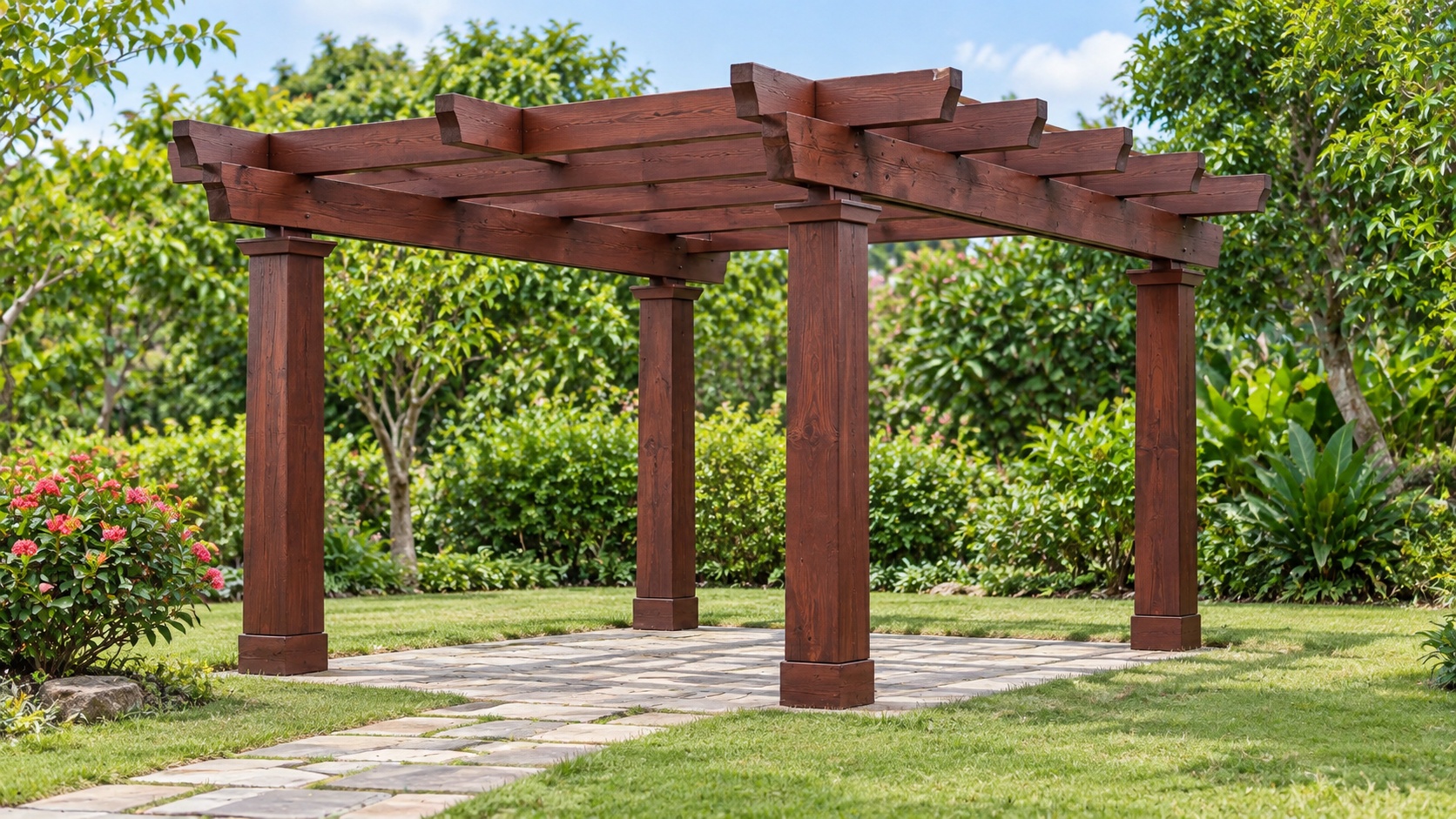 Giàn Hoa Pergola P30 - Cột Trụ Vuông Có Đế Mái Dầm Chéo, Gỗ Thông Giàn Hoa Pergola P30 - Cột Trụ Vuông Có Đế Mái Dầm Chéo, Gỗ Thông