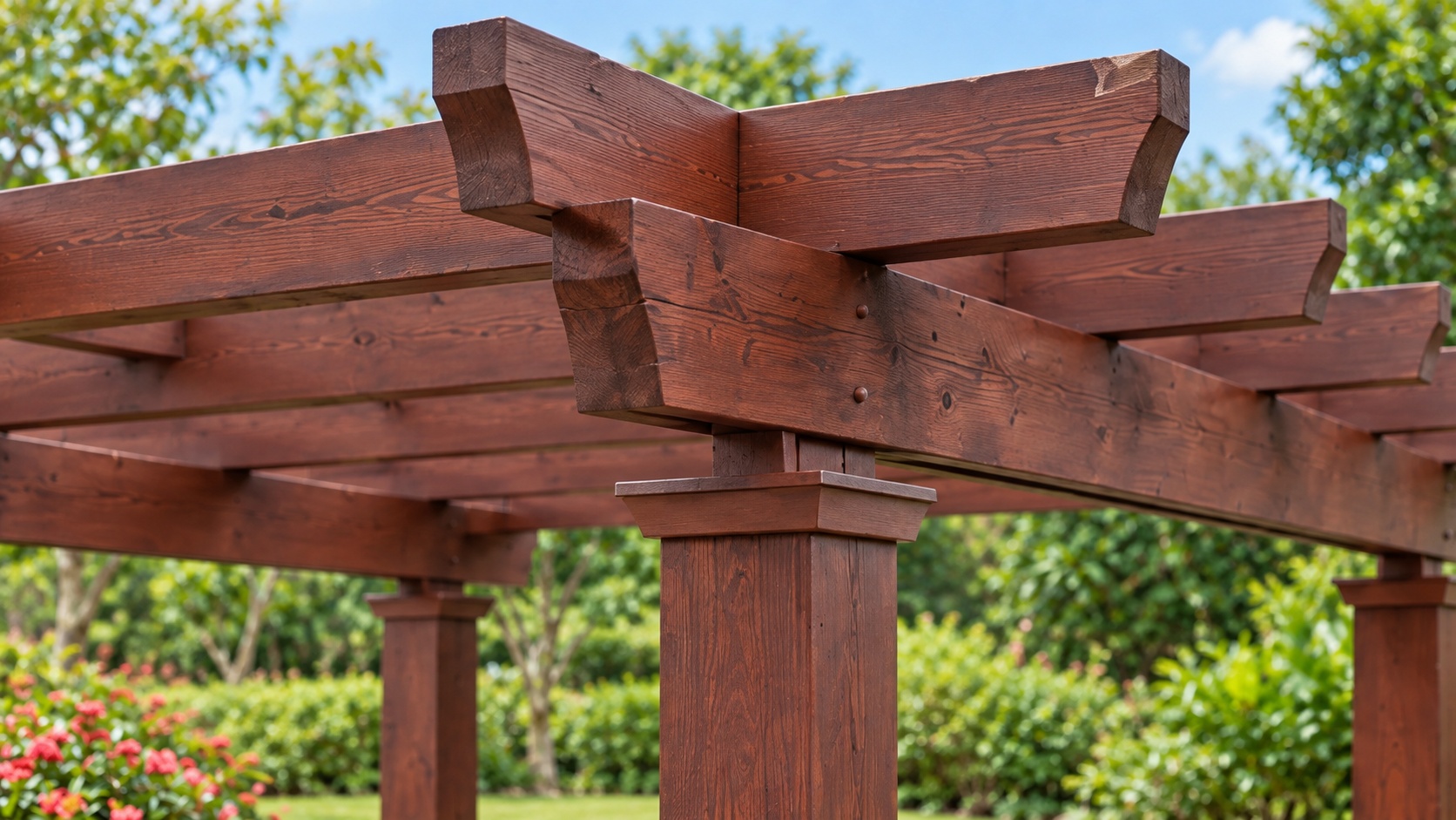 Giàn Hoa Pergola P30 - Cột Trụ Vuông Có Đế Mái Dầm Chéo, Gỗ Thông Giàn Hoa Pergola P30 - Cột Trụ Vuông Có Đế Mái Dầm Chéo, Gỗ Thông