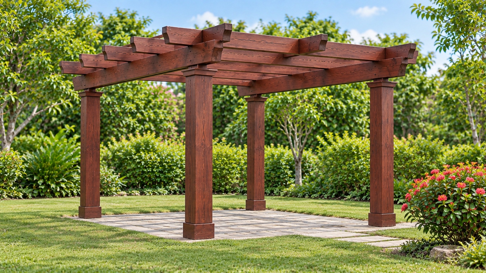 Giàn Hoa Pergola P30 - Cột Trụ Vuông Có Đế Mái Dầm Chéo, Gỗ Thông Giàn Hoa Pergola P30 - Cột Trụ Vuông Có Đế Mái Dầm Chéo, Gỗ Thông