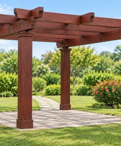 Giàn Hoa Pergola P30 - Cột Trụ Vuông Có Đế Mái Dầm Chéo, Gỗ Thông