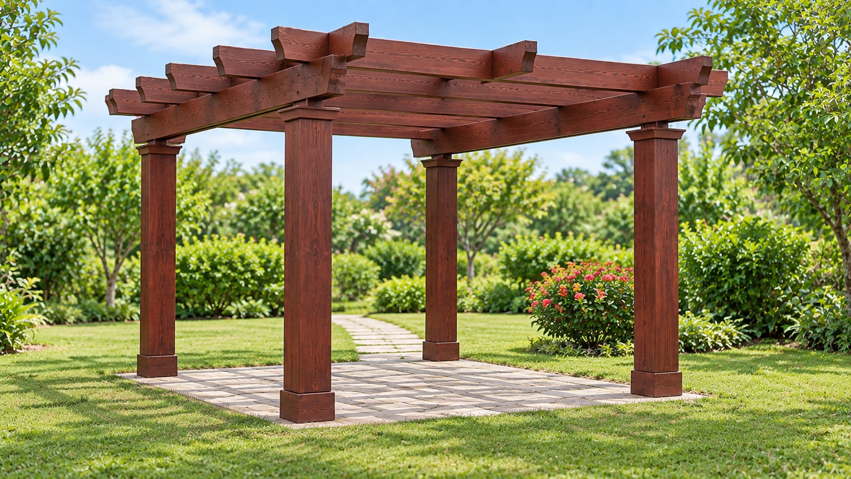 Giàn Hoa Pergola P30 - Cột Trụ Vuông Có Đế Mái Dầm Chéo, Gỗ Thông Giàn Hoa Pergola P30 - Cột Trụ Vuông Có Đế Mái Dầm Chéo, Gỗ Thông