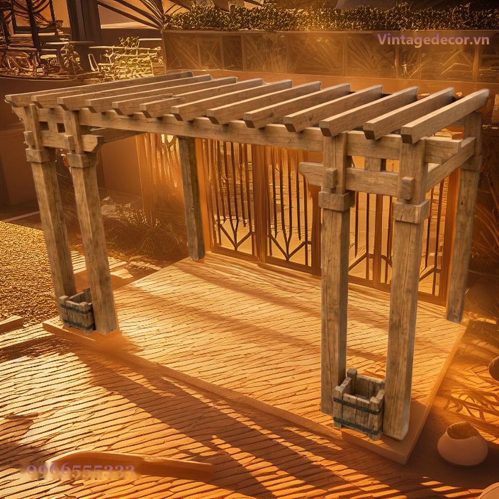 Giàn Hoa Pergola P4 - Cột Vuông Lớn Dầm Chìa, Gỗ Thông Mộc Giàn Hoa Pergola P4 - Cột Vuông Lớn Dầm Chìa, Gỗ Thông Mộc
