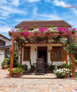 Giàn Hoa Pergola P5 - Áp Hiên Phủ Hoa Giấy, Gỗ Thông Tự Nhiên