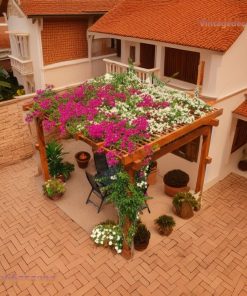 Giàn Hoa Pergola P5 - Áp Hiên Phủ Hoa Giấy, Gỗ Thông Tự Nhiên