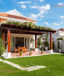 Giàn Hoa Pergola P6 - Cột Vuông Bệ Đá Sân Biệt Thự, Gỗ Thông