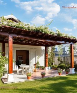 Giàn Hoa Pergola P6 - Cột Vuông Bệ Đá Sân Biệt Thự, Gỗ Thông