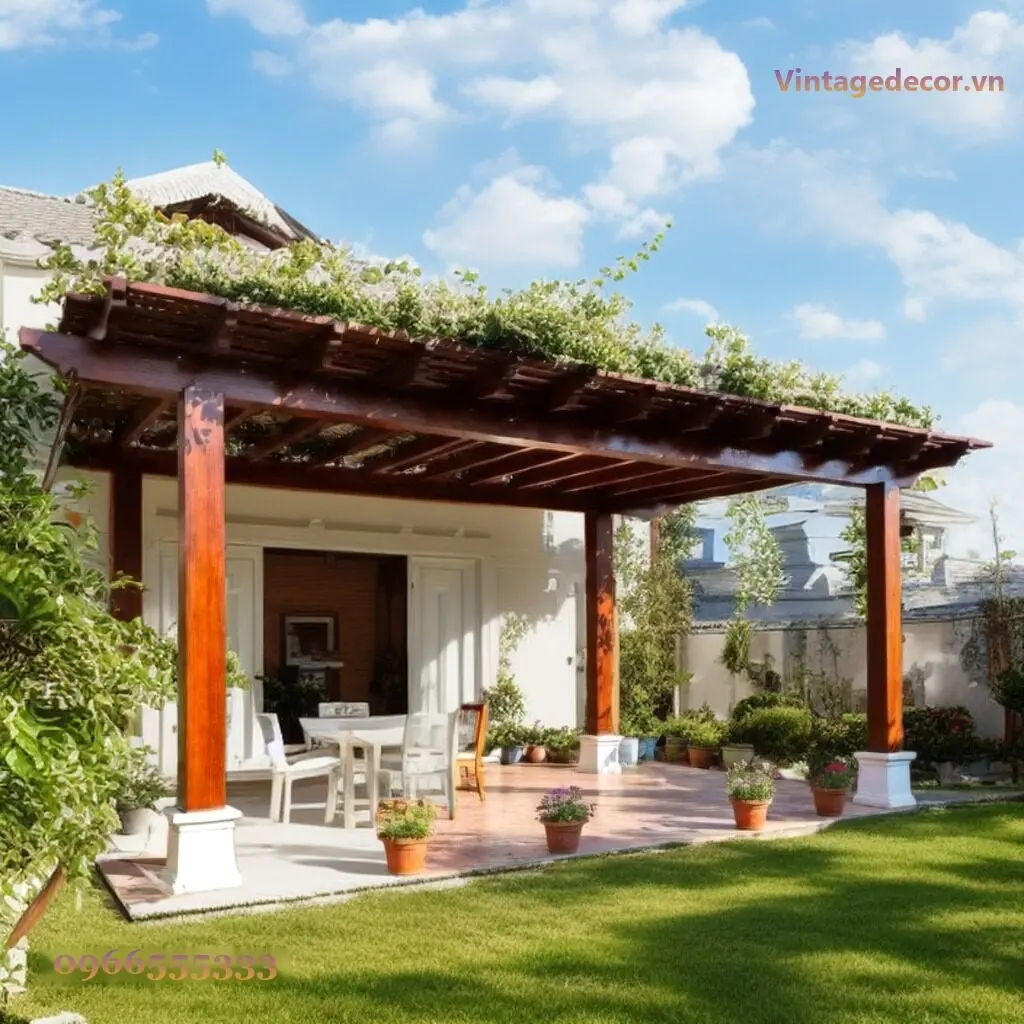 Giàn pergola P6 cột gỗ vuông đứng trên bệ trắng, mái nan phủ cây leo, bàn ăn và ghế dưới hiên lát gạch