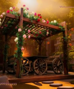 Giàn Hoa Pergola P7 - Sàn Liền Bàn Ghế Bánh Xe, Gỗ Thông