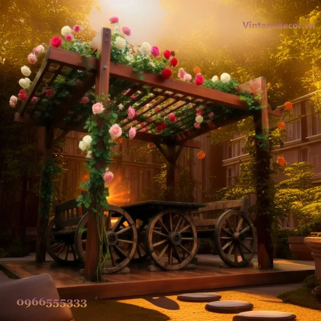 Giàn Hoa Pergola P7 Sàn Liền Bàn Ghế
