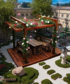 Giàn Hoa Pergola P7 - Sàn Liền Bàn Ghế Bánh Xe, Gỗ Thông