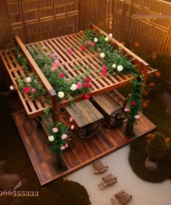Giàn Hoa Pergola P7 - Sàn Liền Bàn Ghế Bánh Xe, Gỗ Thông