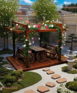 Giàn Hoa Pergola P7 - Sàn Liền Bàn Ghế Bánh Xe, Gỗ Thông