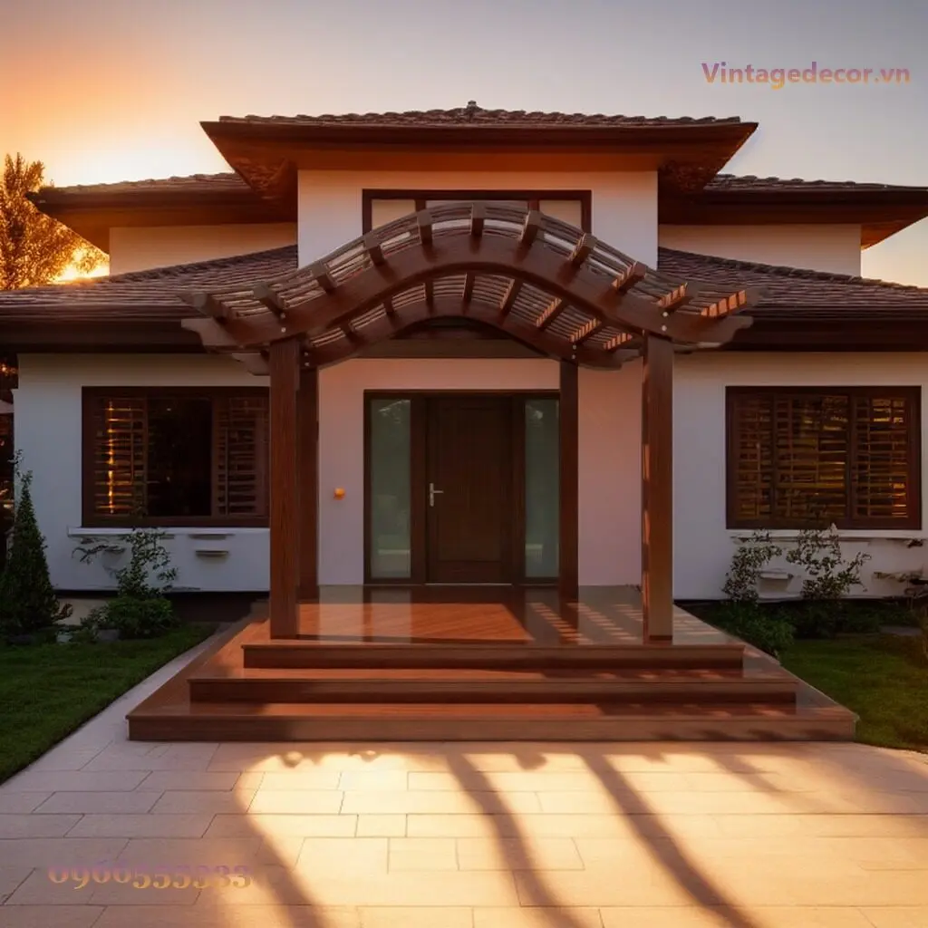 Giàn hoa pergola P8 khung vòm cong lượn sóng trước cửa nhà mái ngói, bậc sàn gỗ ba cấp, nắng chiều