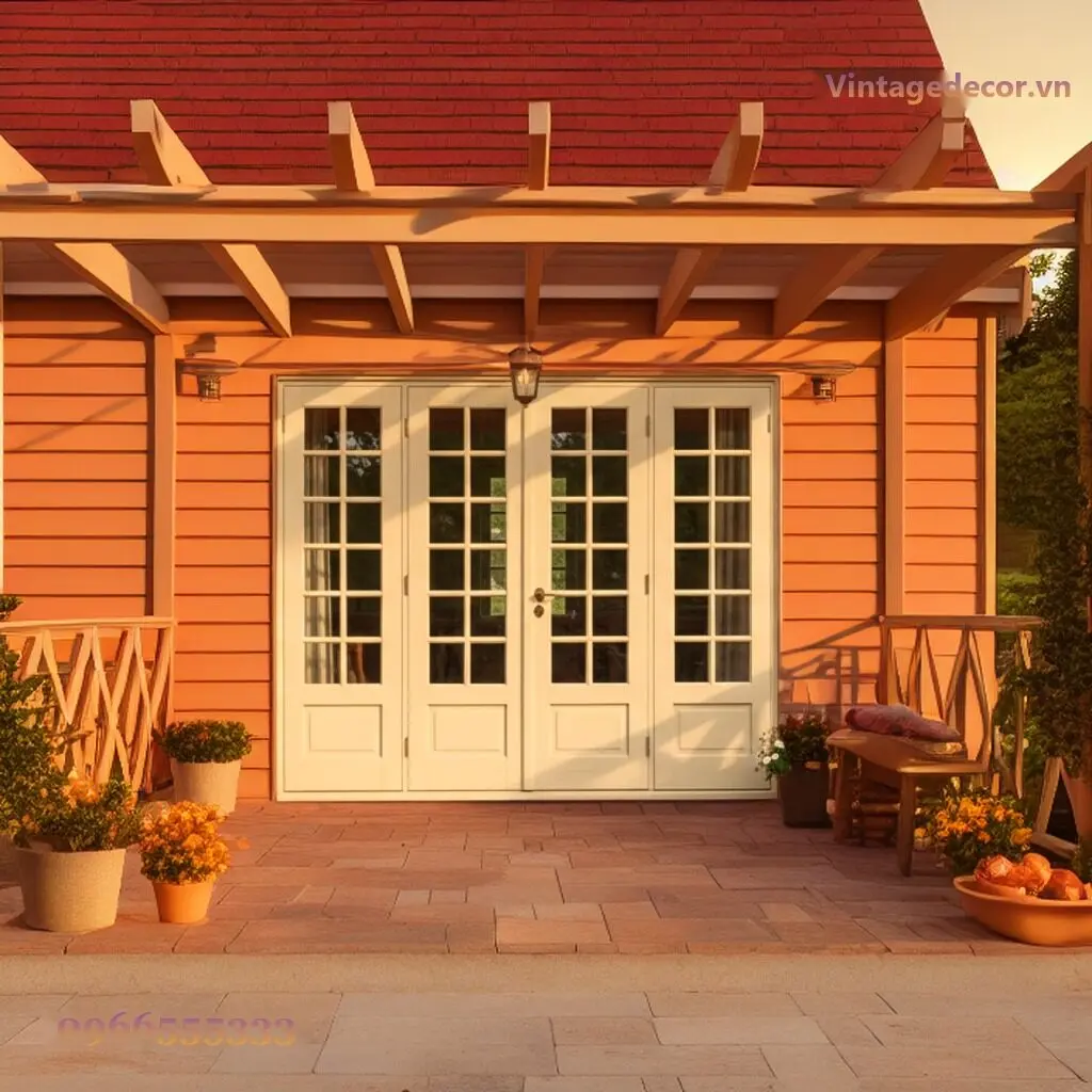 Giàn pergola P9 áp tường nhà ván cam, đèn treo giữa xà trước cửa trắng bốn cánh, lan can chữ X hai đầu hiên, chậu hoa