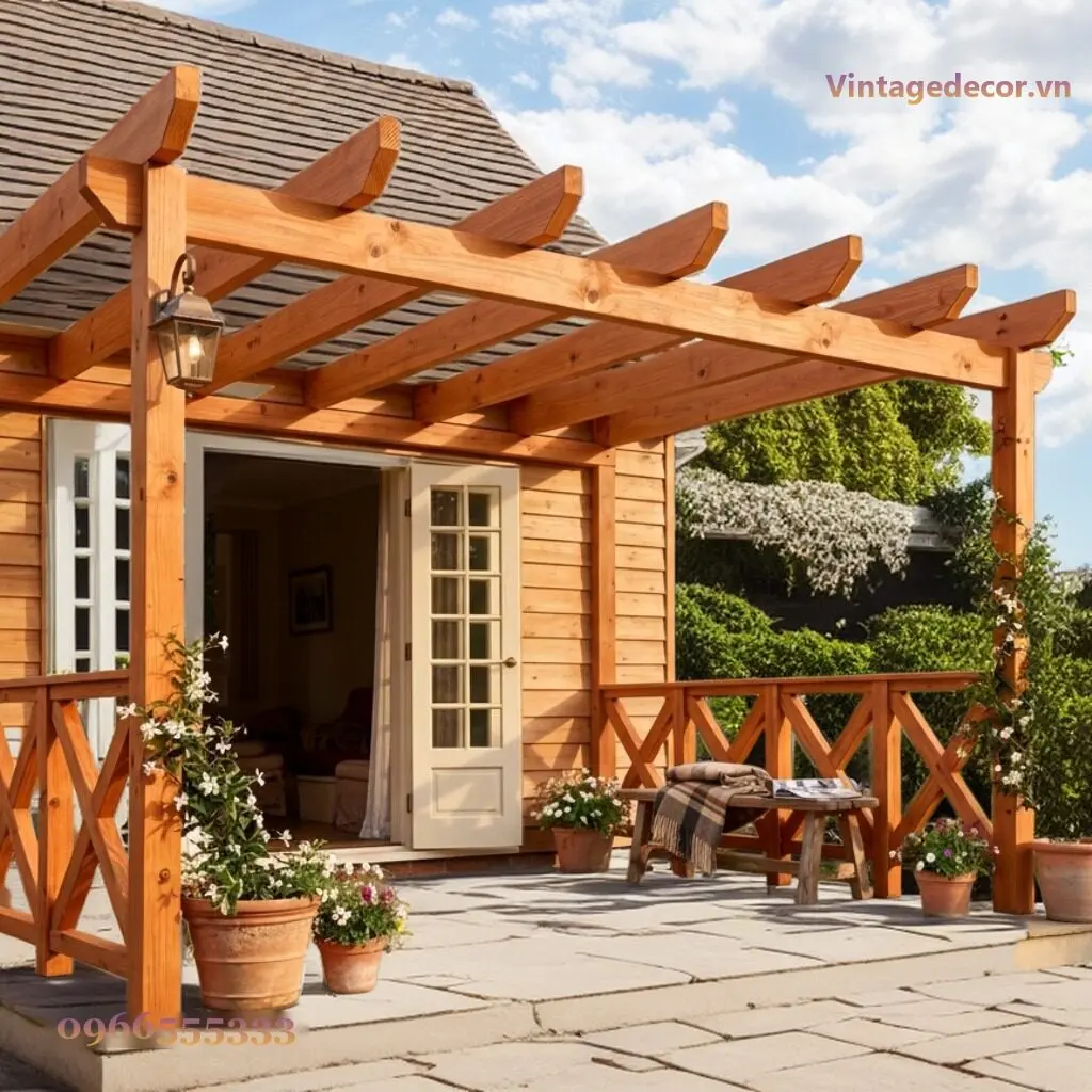 Giàn pergola P9 gỗ thông áp nhà, đèn lồng gắn trên cột dưới đầu dầm, chậu hoa dưới lan can