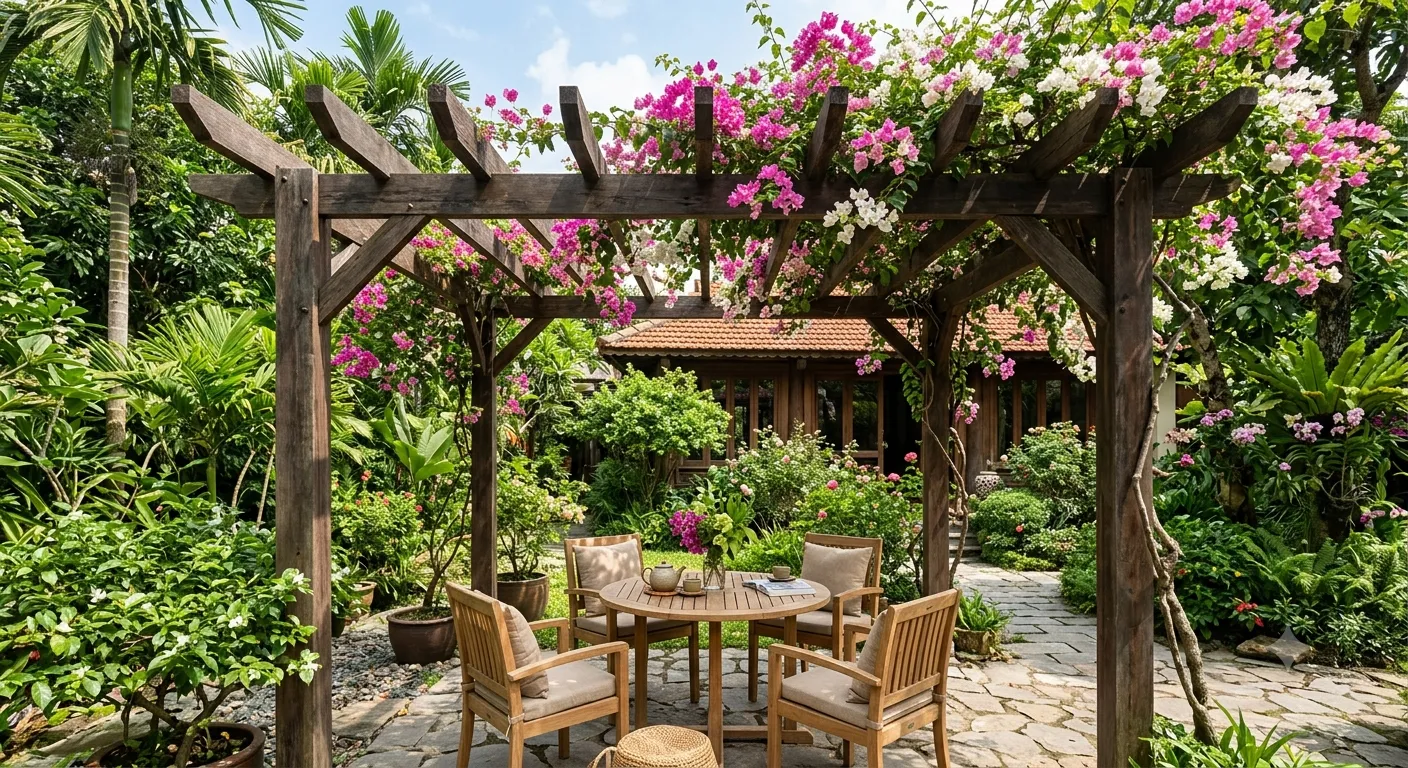 Thiết kế giàn hoa pergola: vật liệu, kích thước và cây leo phù hợp