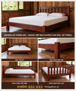 Giường Gỗ Thông GN1 - Khung Hộp Đầu Giường Nan Dọc, Gỗ Thông