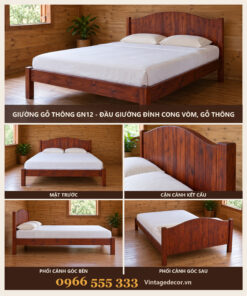 Giường Gỗ Thông GN12 - Đầu Giường Đỉnh Cong Vòm, Gỗ Thông