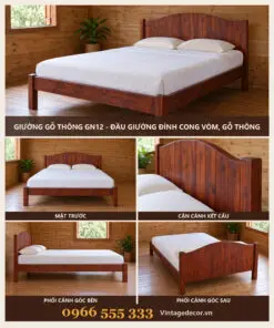 Giường Gỗ Thông GN12 - Đầu Giường Đỉnh Cong Vòm, Gỗ Thông