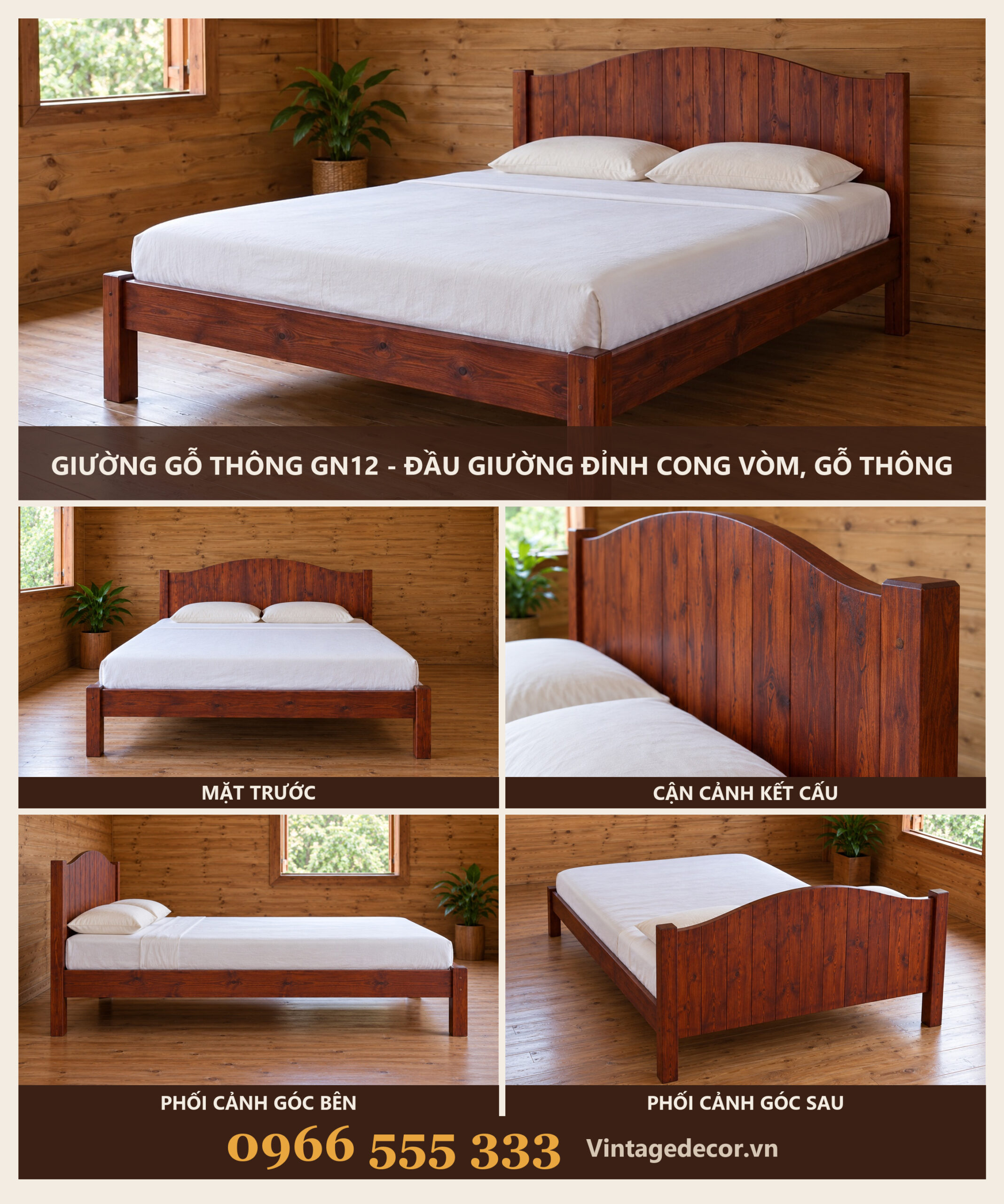 Giường Gỗ Thông GN12 - Đầu Giường Đỉnh Cong Vòm, Gỗ Thông Giường Gỗ Thông GN12 - Đầu Giường Đỉnh Cong Vòm, Gỗ Thông