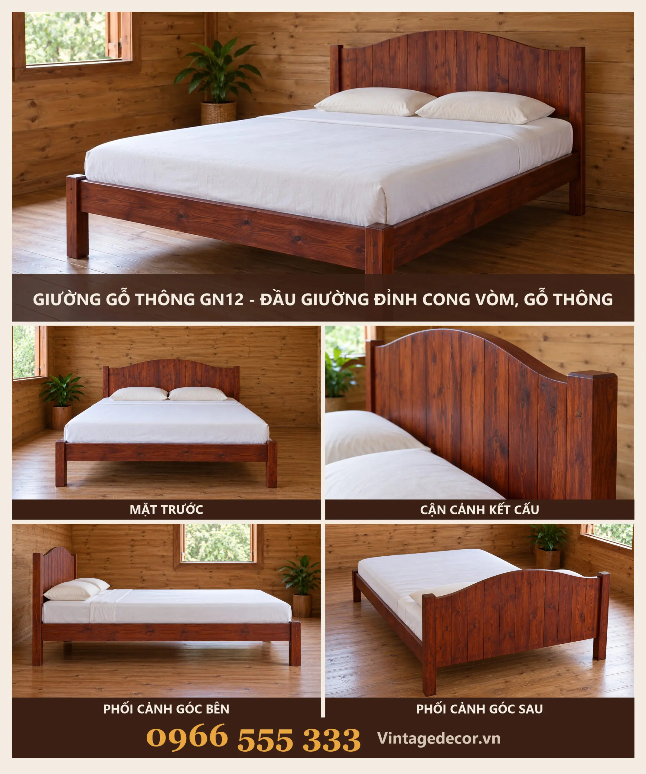 Giường Gỗ GN12 Đầu Giường Đỉnh Cong Vòm