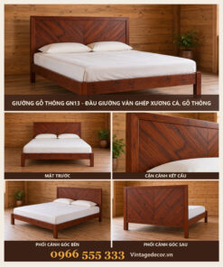 Giường Gỗ Thông GN13 - Đầu Giường Ván Ghép Xương Cá, Gỗ Thông