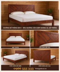 Giường Gỗ Thông GN13 - Đầu Giường Ván Ghép Xương Cá, Gỗ Thông