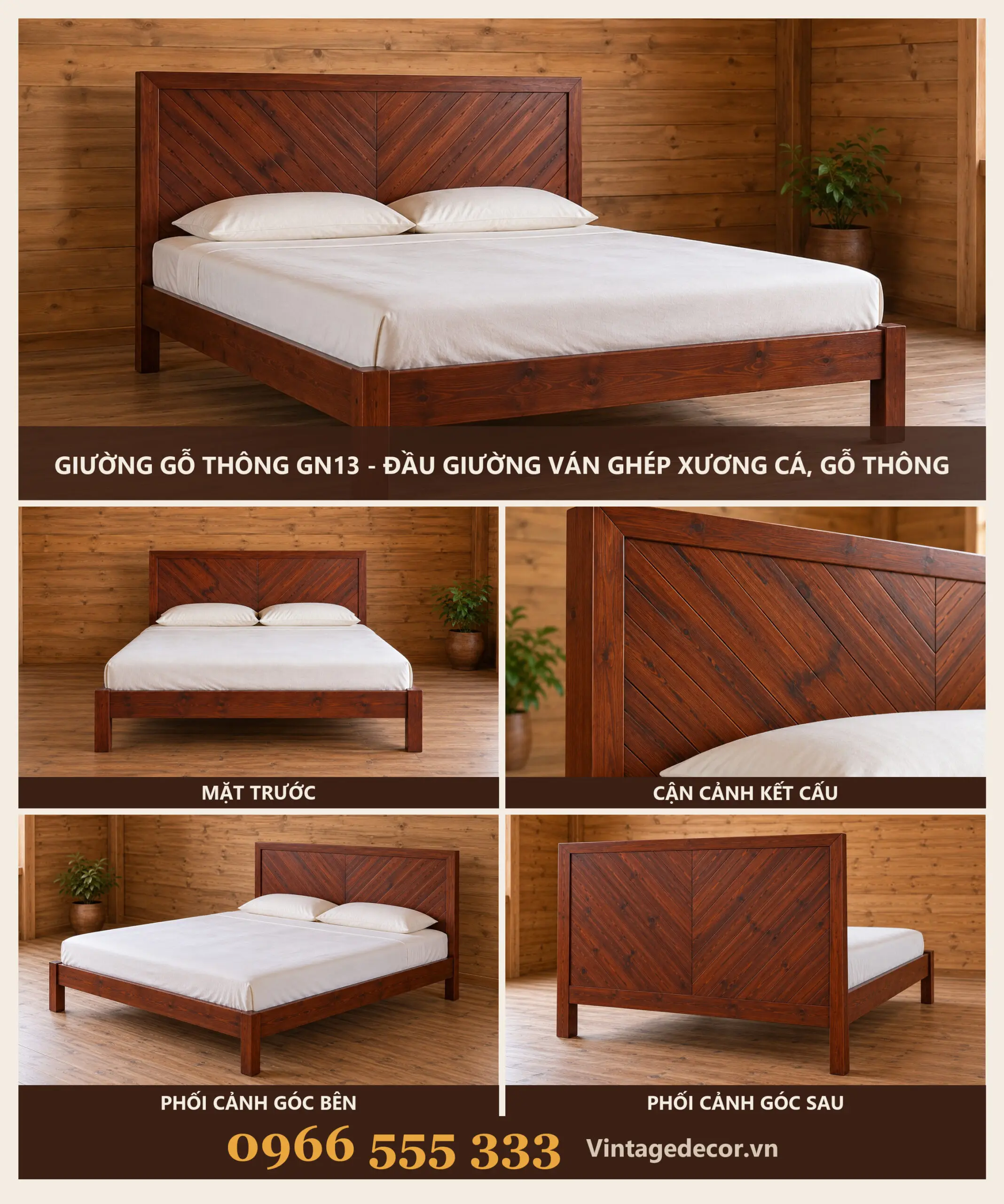 Giường Gỗ GN13 Ván Ghép Xương Cá