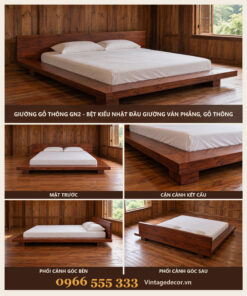 Giường Gỗ Thông GN2 - Bệt Kiểu Nhật Đầu Giường Ván Phẳng, Gỗ Thông