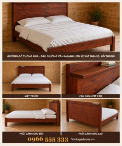 Giường Gỗ Thông GN6 - Đầu Giường Ván Ngang Liền Kệ Vắt Ngang, Gỗ Thông