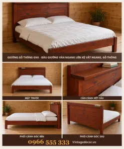 Giường Gỗ Thông GN6 - Đầu Giường Ván Ngang Liền Kệ Vắt Ngang, Gỗ Thông