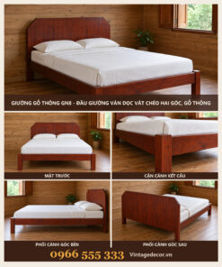 Giường Gỗ Thông GN8 - Đầu Giường Ván Dọc Vát Chéo Hai Góc, Gỗ Thông