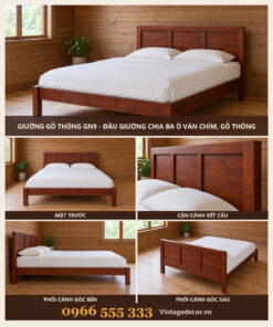 Giường Gỗ Thông GN9 - Đầu Giường Chia Ba Ô Ván Chìm, Gỗ Thông