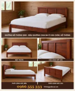 Giường Gỗ Thông GN9 - Đầu Giường Chia Ba Ô Ván Chìm, Gỗ Thông