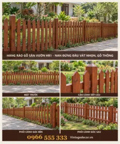 Hàng rào gỗ HR1 nan đứng đầu vát nhọn – ảnh ghép mặt trước, kết cấu, góc bên, góc sau