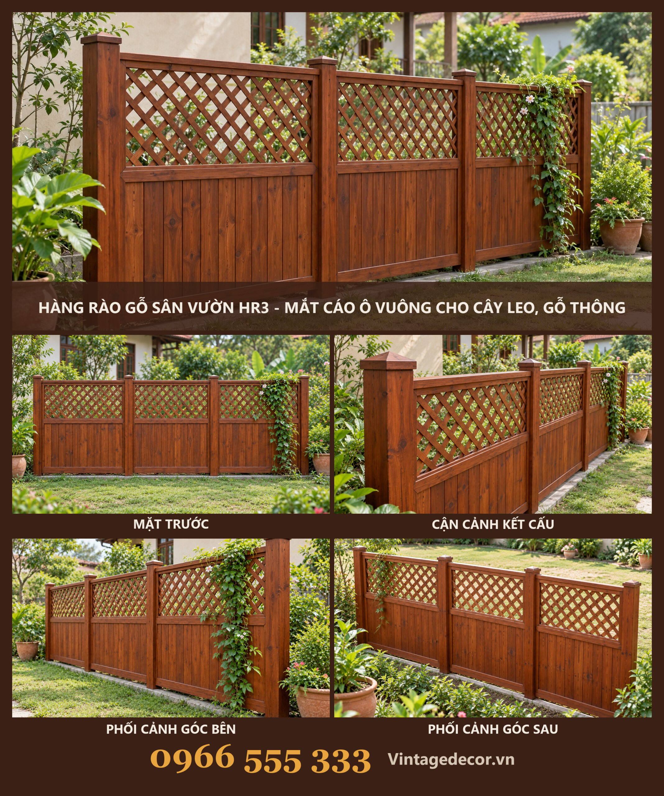 Hàng Rào Gỗ Sân Vườn HR3 - Mắt Cáo Ô Vuông Cho Cây Leo, Gỗ Thông Hàng Rào Gỗ Sân Vườn HR3 - Mắt Cáo Ô Vuông Cho Cây Leo, Gỗ Thông