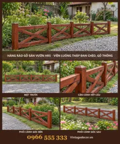 Hàng rào gỗ HR5 viền luống thấp đan chéo – ảnh ghép mặt trước, kết cấu, góc bên, góc sau