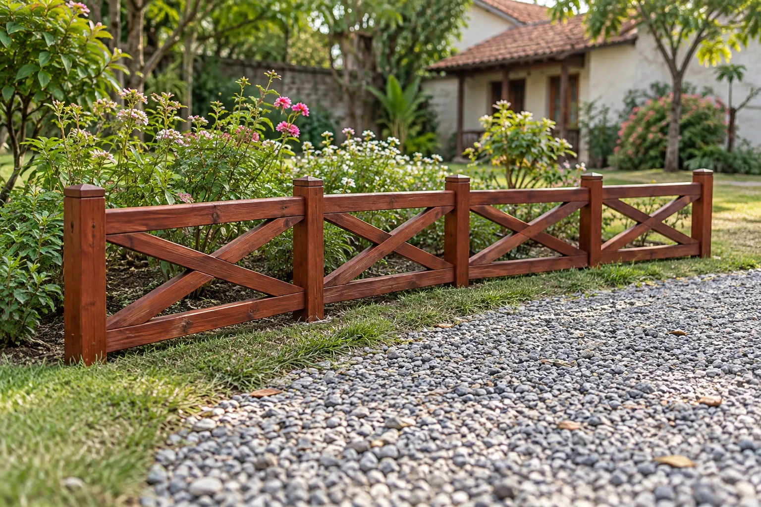 Rào gỗ thấp nâu đỏ có thanh chéo chữ X giữa mỗi nhịp, viền quanh luống hoa cạnh lối đi rải sỏi