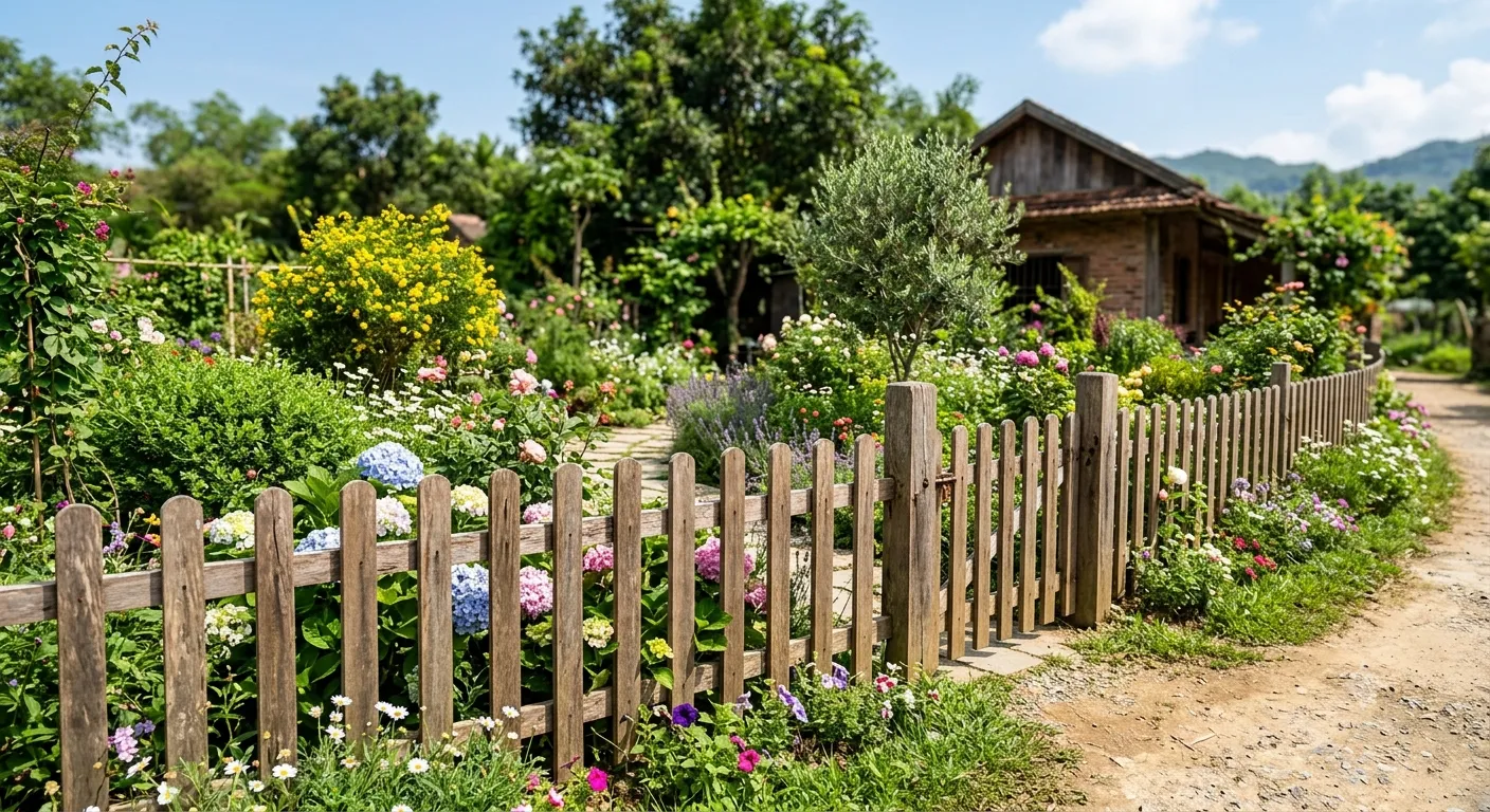 Hàng rào gỗ nan đứng thấp đầu tròn chạy dọc lối đất, sau rào là vườn hoa cẩm tú cầu và căn nhà nhỏ