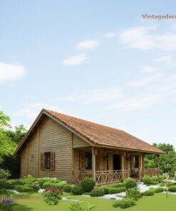 Nhà Gỗ Bungalow B13 - Hiên Dài Lan Can Gỗ Mái Ngói, Gỗ Thông