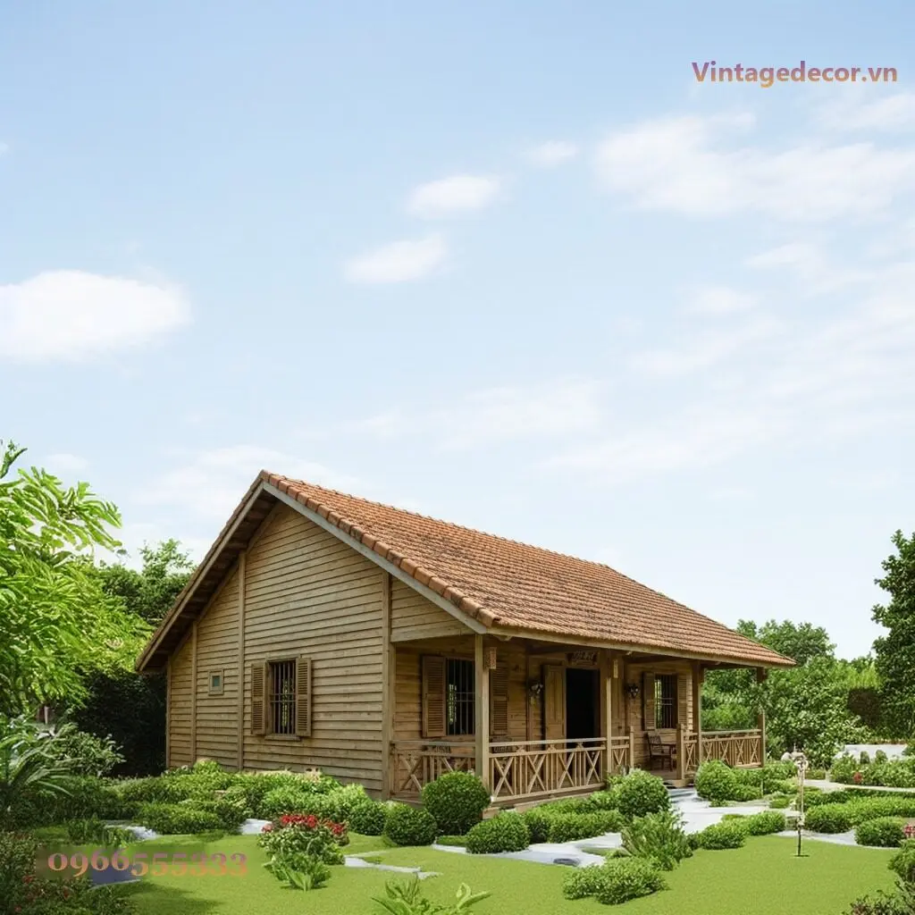 Nhà gỗ bungalow B13 một tầng, mái ngói đỏ nâu kéo dài che hiên, lan can gỗ chéo chữ X