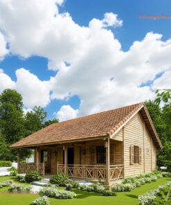 Nhà Gỗ Bungalow B13 - Hiên Dài Lan Can Gỗ Mái Ngói, Gỗ Thông
