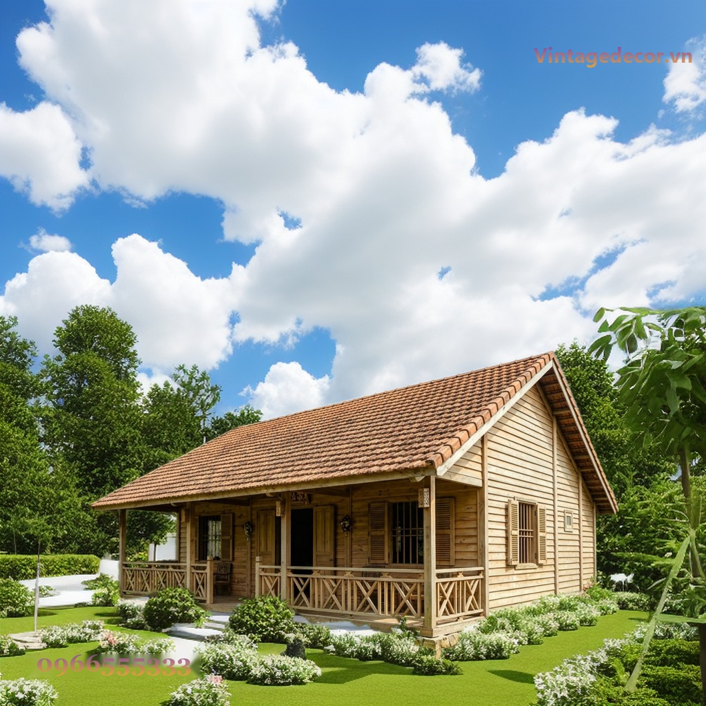 Nhà Gỗ Bungalow B13 - Hiên Dài Lan Can Gỗ Mái Ngói, Gỗ Thông Nhà Gỗ Bungalow B13 - Hiên Dài Lan Can Gỗ Mái Ngói, Gỗ Thông