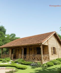 Nhà Gỗ Bungalow B13 - Hiên Dài Lan Can Gỗ Mái Ngói, Gỗ Thông